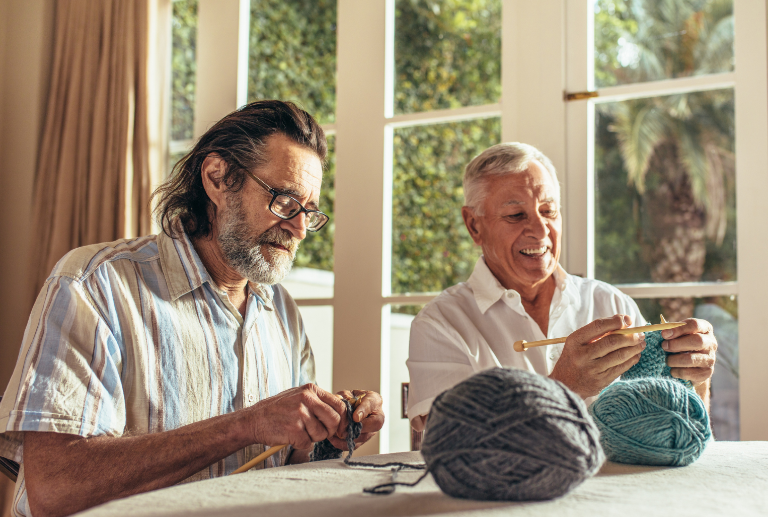 Assorted ACE Post Designs (13) Two older men starting a new hobby by learning how to knit.