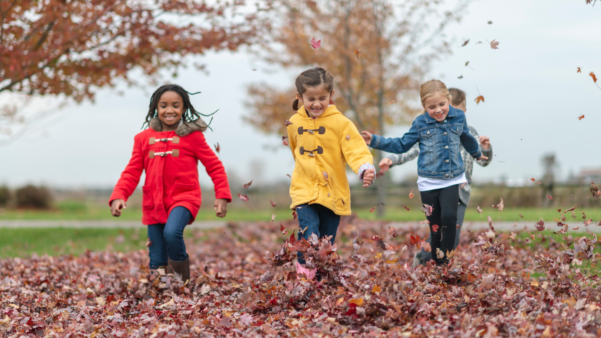 Kids having fun while playing in a leaf pile, another recommended activity. 