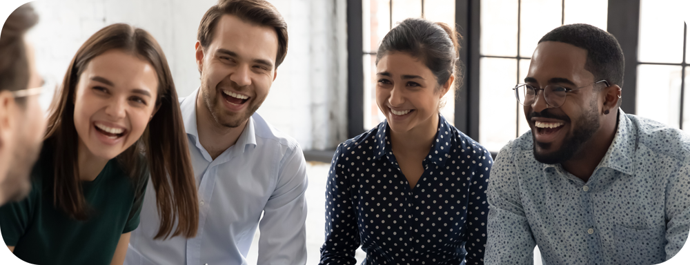Group of happy business people and company staff in modern office, representing company.