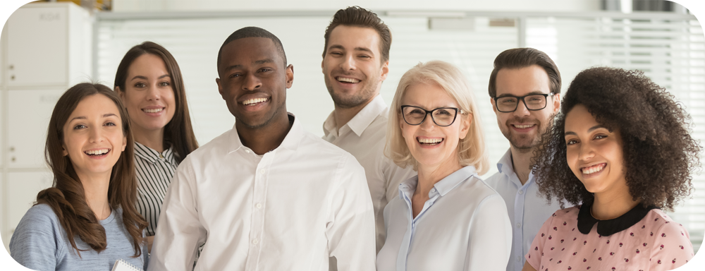Group of happy business people and company staff in modern office, representing company.