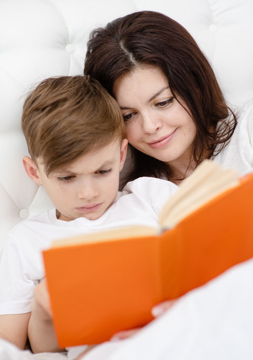 mother and son reading children's book about mental health
