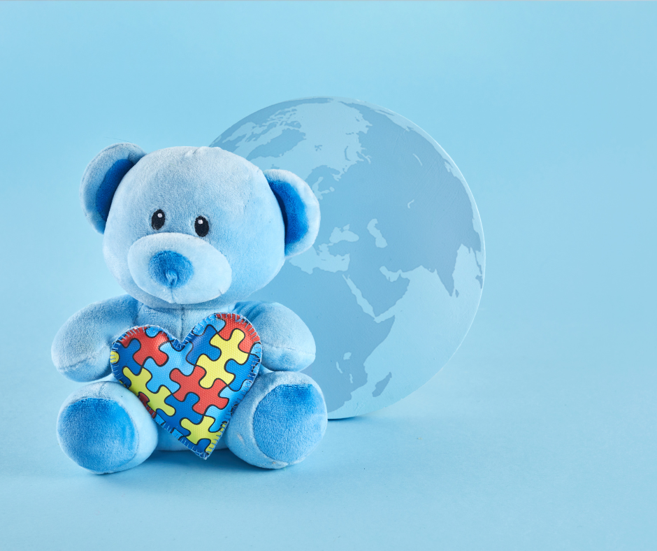 blue bear with puzzle piece heart representing developmental disabilities month
