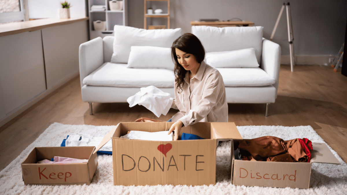 A woman is bettering mental health by decluttering after the holidays.